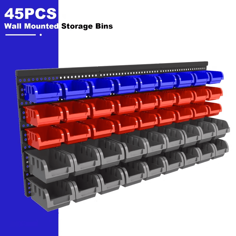 Wall-Mounted Storage Rack System with Bins and Brackets - 45 Pcs Heavy Duty Garage & Workshop Tool Organizer, Stackable for Screws, Nuts, Bolts, Nails, Beads & Small Hardware, Easy Installation