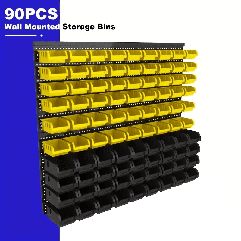 Wall-Mounted Storage Rack System with Bins and Brackets - 90 Pcs Heavy Duty Garage & Workshop Tool Organizer, Stackable for Screws, Nuts, Bolts, Nails, Beads & Small Hardware, Easy Installation
