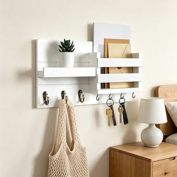 Wall Mounted Storage Rack, Wooden Mail and Key Organizer with Shelf and Hooks for Entryway, Hallway, Home Office