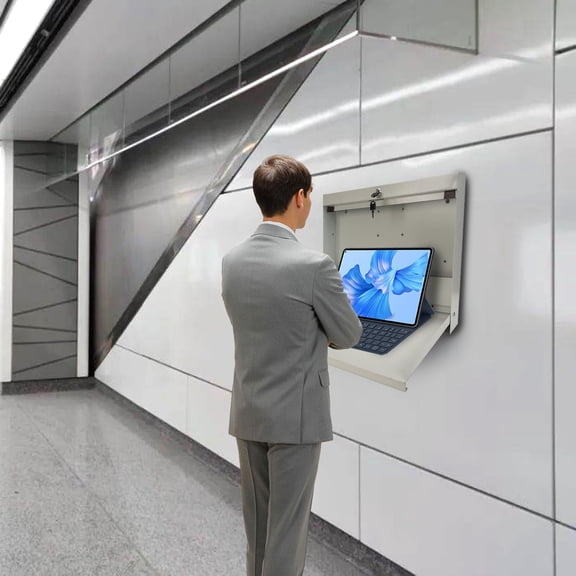 Wall Mounted Storage Rack with Locking Fold Down Shop Desk, Space Saving Table with Storage Shelves 20" W x 3-3/8"D (Tan)