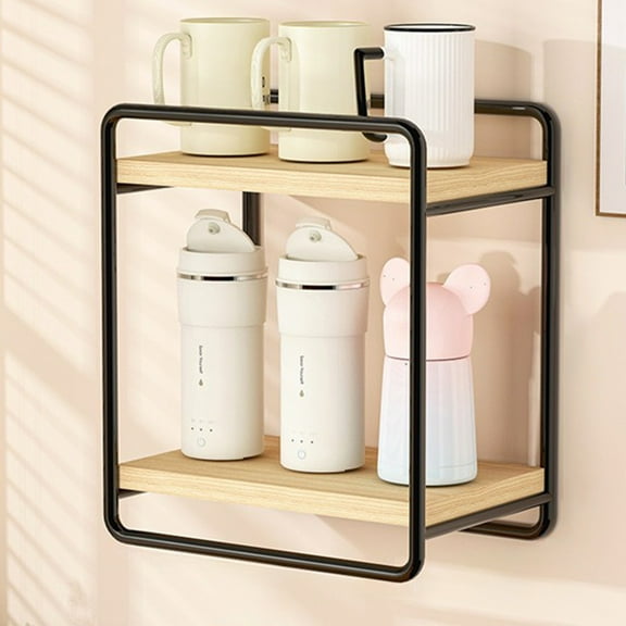 Wall Mounted Storage Rack with Wood Shelves - No Punch Installation, Double Layer Bathroom Organizer, 10.2x4.7x8.6in, White