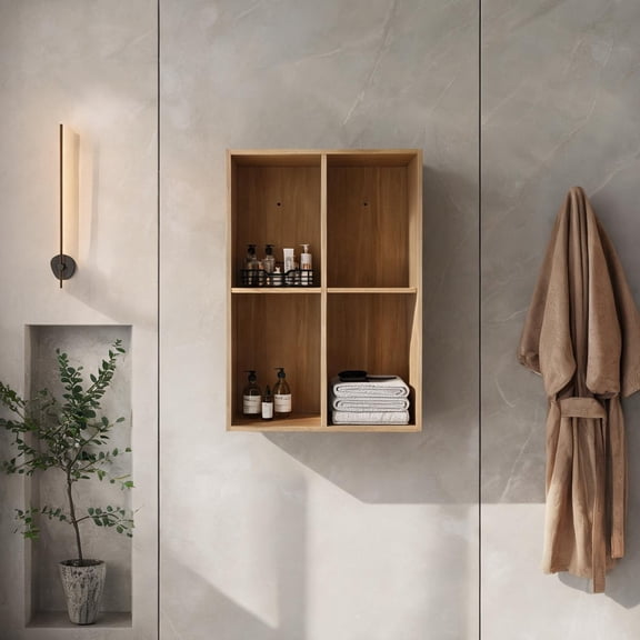 Wall-Mounted Storage Shelf for Bathroom or Office in Original Oak Finish, 24-Inch Compact Two-Tier Organizer