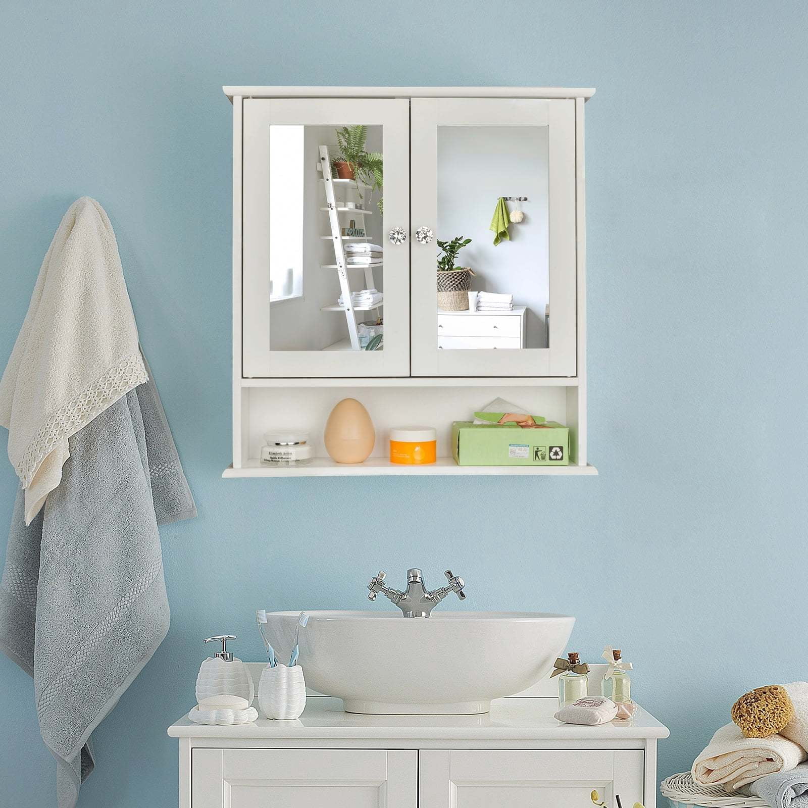 Wall-Mounted Storage Unit for The Bathroom Featuring Mirrored Doors And ...