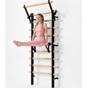 Wall Mounted Swedish Ladder Stall Bar with 9 Wooden Rungs, Steel Supports, Pull-Up Bar and Dip Bar Attachments