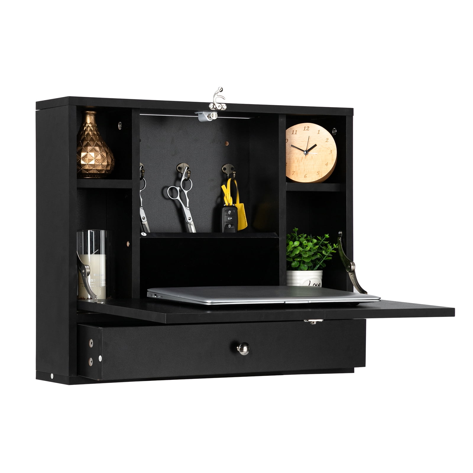 Wall Mounted Table Computer Desk with Drawer & Shelves, Workstation