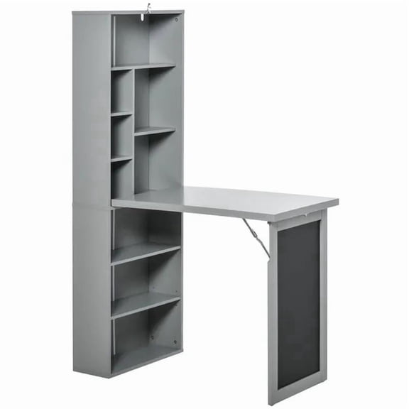 Wall Mounted Table Foldable Desk With Blackboard And Side Shelf, Multi-Function Computer Office Workstation, Gray