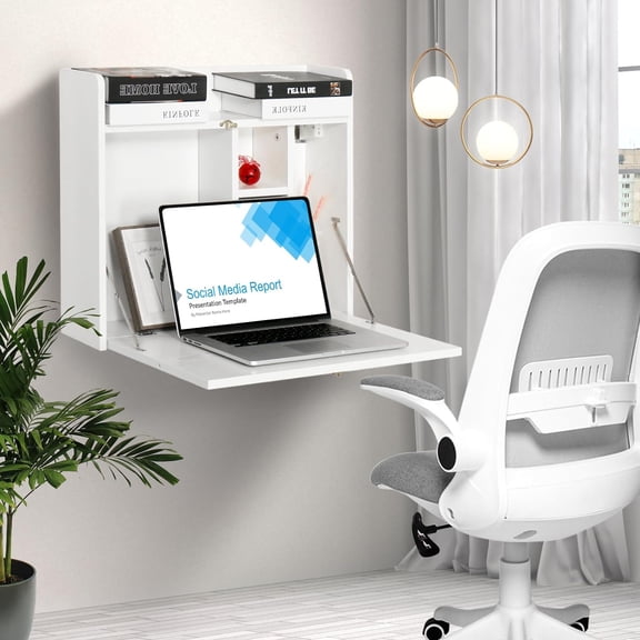 Wall Mounted Table, Multifunctional Fold Down Laptop Desk with Storage Compartments for Home Office White