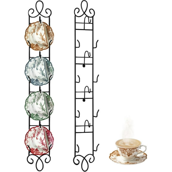 Wall Mounted Tea Cup & Saucer Display Rack, 4-tier Metal Mug Holder with Plate Hangers, Decorative Wall Storage for Kitchen, Gift&Coffee Bar Display