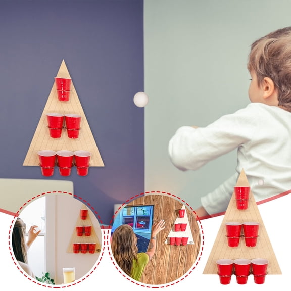 Wall Mounted Throwing Game, Wooden Beer Pong Alternative with 6 Cups and Balls for Indoor Party Fun, Space Saving Vertical Design as Home Decor