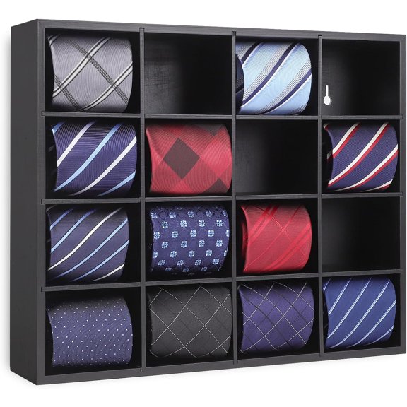 Wall Mounted Tie rack,Tie box for Men,Tie Storage Box Organizer with 16 CompartmentsTie Display Racks for Bedroom, changing room, Men Wardrobe(Black)