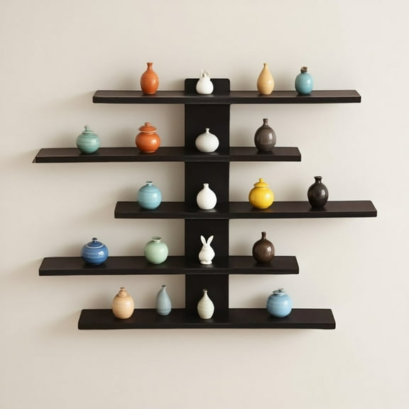 Wall Mounted Tiered Wooden Shelf Organizer - Multi-Level Display Rack for Living Room and Bedroom Storage Solutions - Black