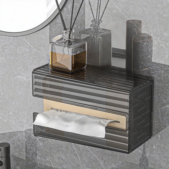 Vaidhai No Drill Self Adhesive Wall Mount Tissue Box, Striped Transparent Plastic Tissue Dispenser with Top Storage Surface, Large Capacity Easy Refill Design for Bathroom Kitchen Living Room