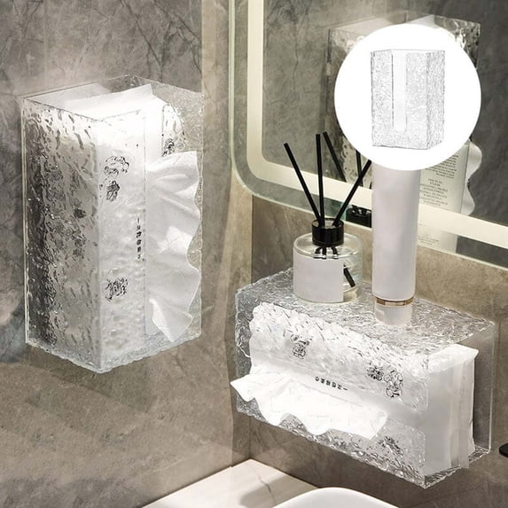 Wall Mounted Tissue Box Holder, Clear Glacier Pattern Dispenser with Drawer, No Drill Bathroom Storage for Facial Tissues and Small Items