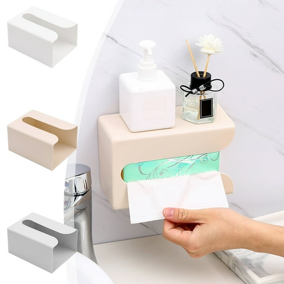 Wall Mounted Tissue Box Holder Punch-Free Adhesive Plastic Storage for Kitchen Bathroom Bedroom 1 Count Storage/Organization (Beige),