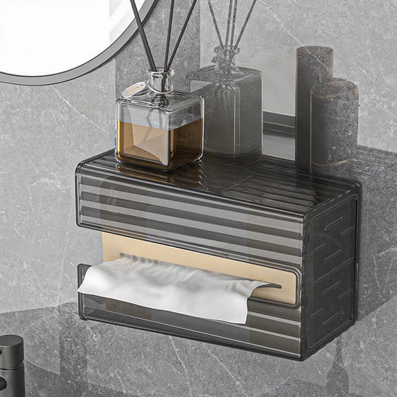 Wall Mounted Tissue Holder, Adhesive No Drill Transparent Tissue Box Cover for Bathroom Kitchen Living Room, Easy Load Large Capacity