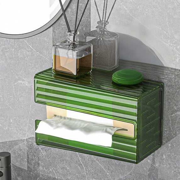 Wall Mounted Tissue Holder, Adhesive No Drill Transparent Tissue Box Cover for Bathroom Kitchen Living Room, Easy Load Large Capacity