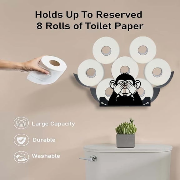 Wall Mounted Toilet Paper Holder, Decorative Toilet Paper Holder, Black Metal Wall Art, Metal Art Wall Decor, No-Drill Mount Sleek Black See-No-Evil Monkey Iron Tissue Rack,