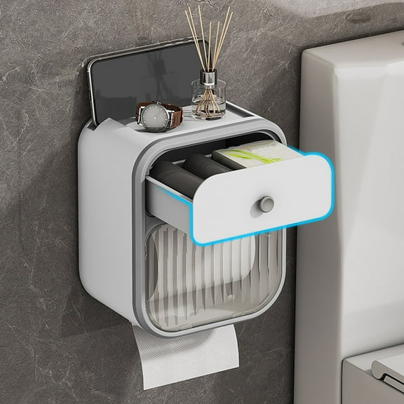 Wall Mounted Toilet Paper Holder | Multifunctional Tissue Box Cover | Plastic Storage Organizer Gray | No Drilling Required | Waterproof Pet Proof | 22.5x19x13cm | Kitchen Bathroom Living Room