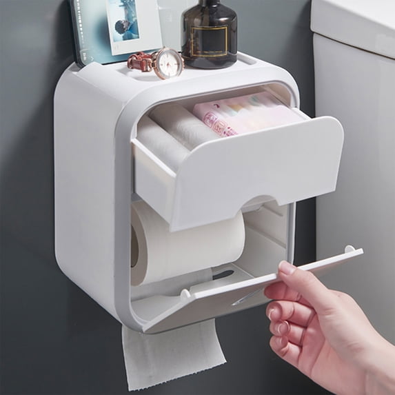 Wall Mounted Toilet Paper Holder, Punch-Free Tissue Box with Storage, Plastic Bathroom Organizer for Rolls