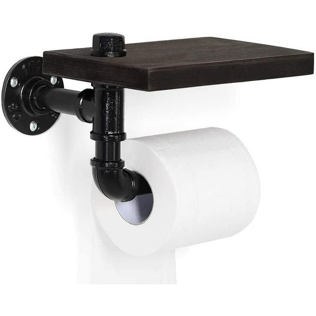 Wall Mounted Toilet Paper Holder with Rustic Wooden Shelf and Cast Iron Pipe by Oumilen