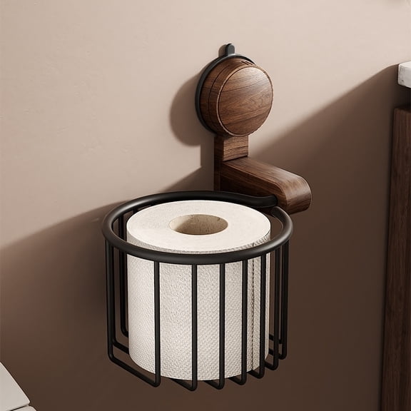 Wall Mounted Toilet Paper Holder with Shelf, Rustic Wood & Black Metal Bathroom Tissue Roll Holder, Farmhouse Industrial Wall Organizer