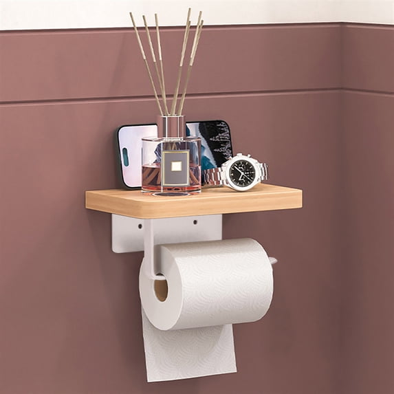 Wall Mounted Toilet Paper Holder with Wood Shelf Durable No Drill Bathroom Tissue Roll Organizer Storage Rack for Home Apartment