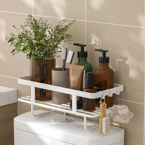 Wall Mounted Toilet Storage Rack | Iron Bathroom Organizer with Hanging Basket | White Over Toilet Shelf for Towels & Toiletries | 34x15.5x17cm