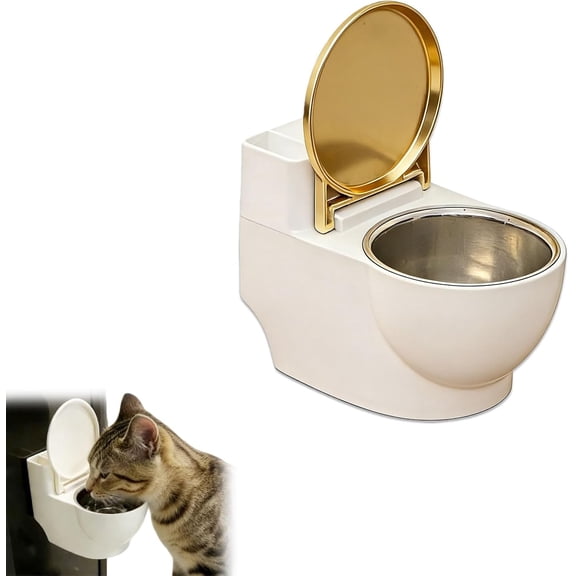 Wall-Mounted Toilet Water Bowl for Cats, Whisker-friendly and comfortable shape,Novelty Raised Non-Spill Food and Water Dish with Stainless Steel Bowl and Dust Cover for Small Cats