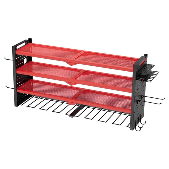 Wall-Mounted Tool Organizer Rack with 4 Shelves,8 Drill Slots,and Side Pegboard Panels for Garage,Workshop,and Workbench Storage