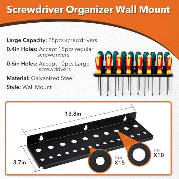 Wall-Mounted Tool Organizer Set – Heavy-Duty Galvanized Steel Screwdriver, Pliers, Hammer & Wrench Holders – Rustproof Workshop/Garage Storage for Hand Tools (Black)