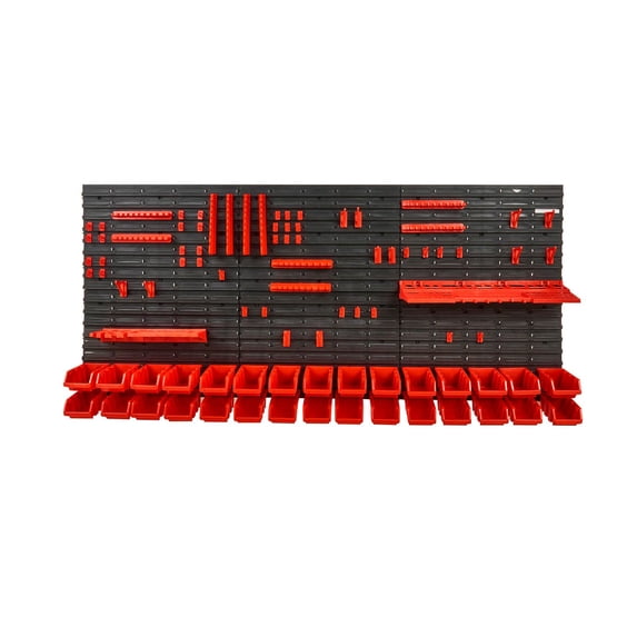 Wall Mounted Tool Organizer with 30 Bins, Plastic Garage Storage Rack for Screws, Nails, Bolts&Small Parts, Includes Panels and Hooks, Black/Red