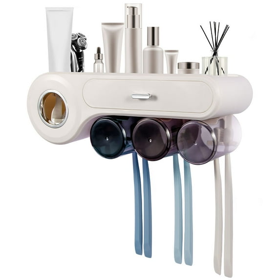 Wall Mounted Toothbrush Holder Automatic Toothpaste Dispenser with Drawer, White