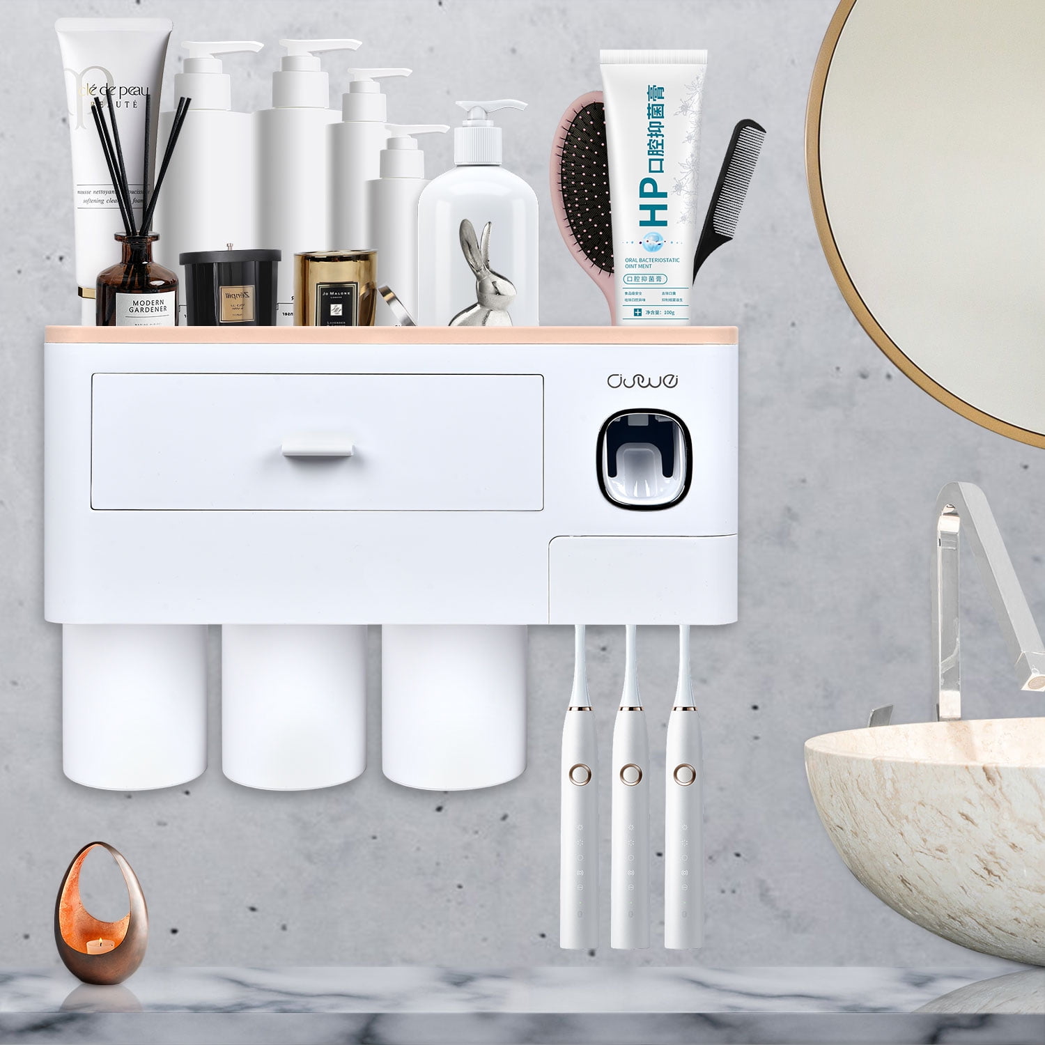 Wall-Mounted Toothbrush Holder With Magnetic Cup - Bathroom Organizer, No Assembly Required