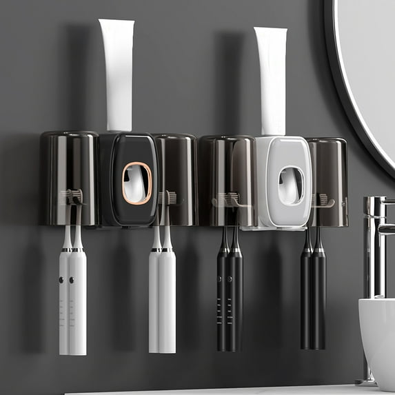 Wall-Mounted Toothbrush Holder, Bathroom Toothbrush and Tooth Cup Set, Multifunctional Toothbrush and Toothpaste Dispenser for Bathroom, with 4 Toothbrush Trough, 2 Cups