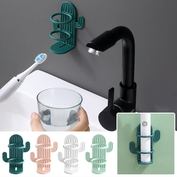 Wall Mounted Toothbrush Holder | Cactus Shape Bathroom Storage Rack | No-Drill Makeup Brush, Comb Organizer | Ventilated Design | Plastic | 7.6x9.9x3.5cm | 1 Pack | Multi-Purpose | 4 Colors