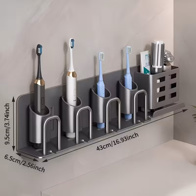 Wall-Mounted Toothbrush Holder, Drill-Free Bathroom Organizer with Cup & Razor Slot, Space-Saving Electric Toothbrush Rack, Modern Design