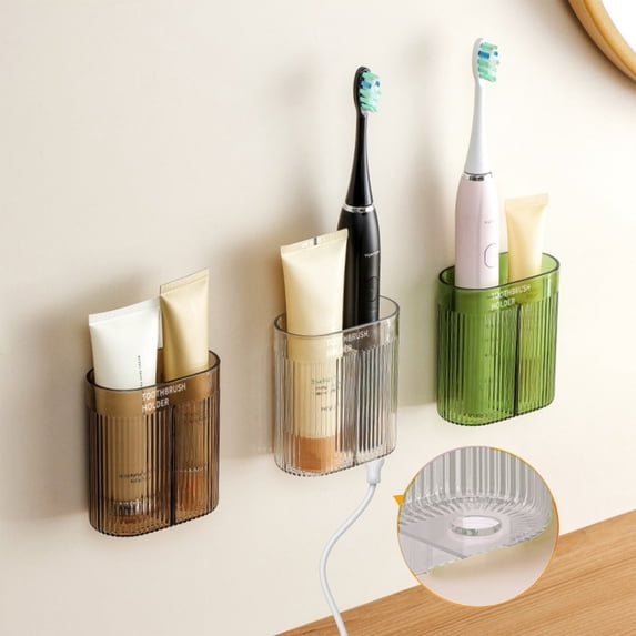 Wall Mounted Toothbrush Holder Rack with Self Stick-On Mount, Detachable Easy-Clean Organizer with Drainage and Charger Slot for Bathroom Shower