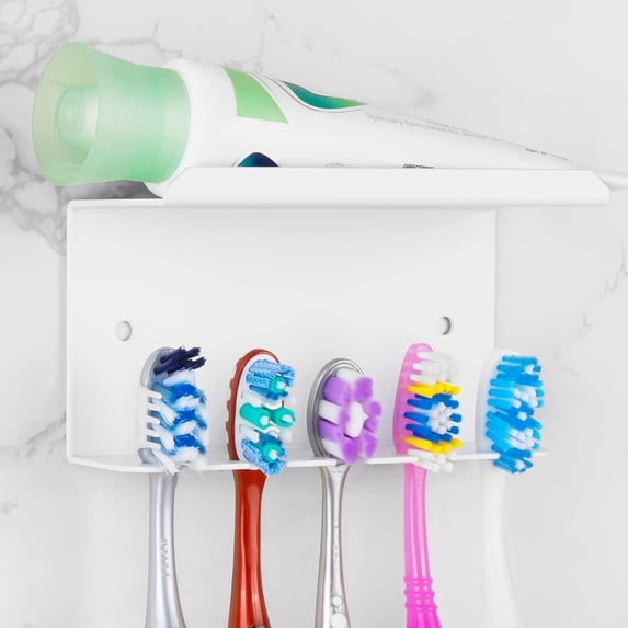 Wall Mounted Toothbrush Holder for Shower, Aluminum Self-Adhesive 5 Slots Tooth Brush and Toothpaste Organizer Hanger Compatible with Colgate Extra Clean, Oral-B CrossAction (White)