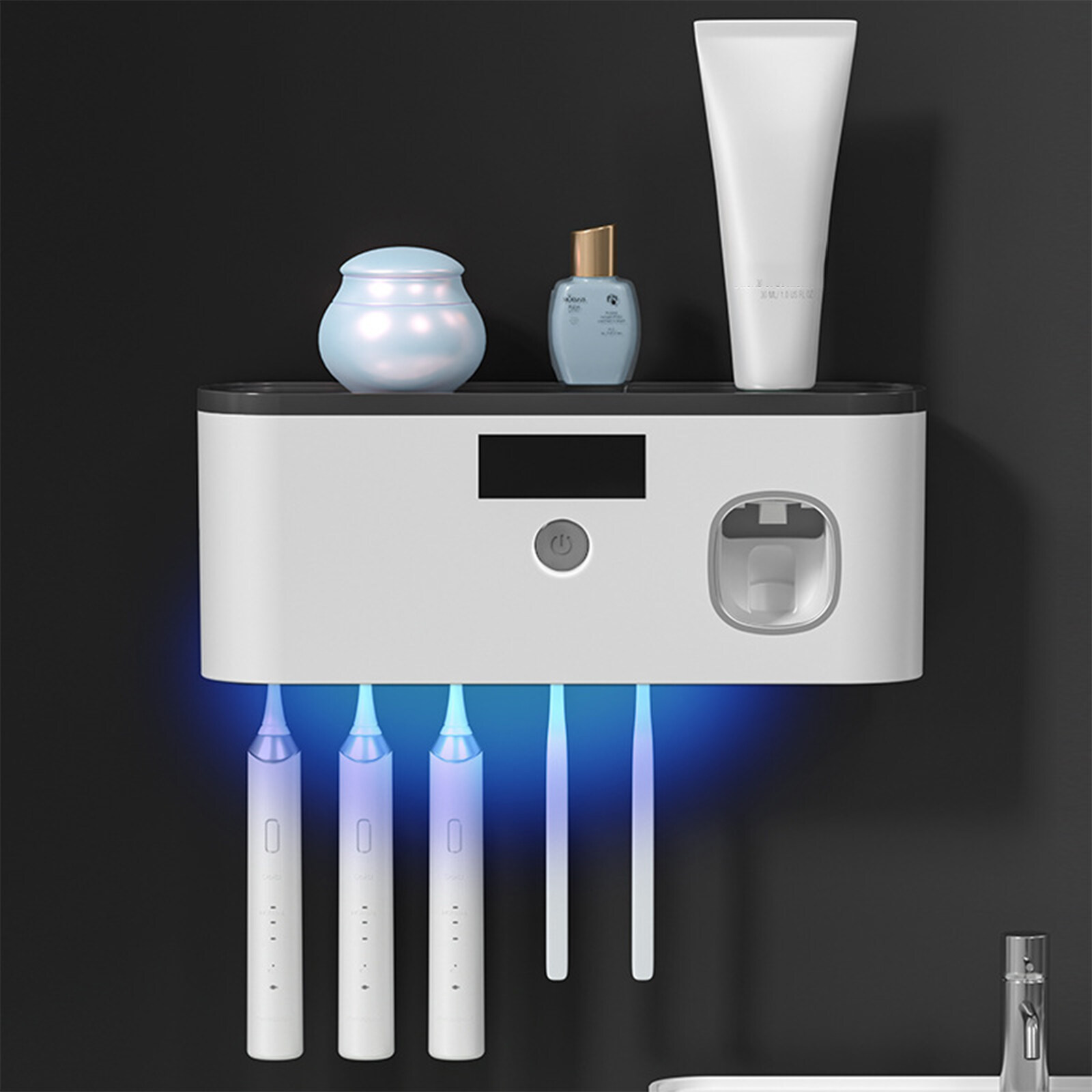 Wall Mounted Toothbrush Holder with Toothpaste Dispenser Electric Toothbrush Holder for Bathroom Solar Charging and No Drilling Required Smart Toothbrush Organizer with 5 Brush Slots, Black