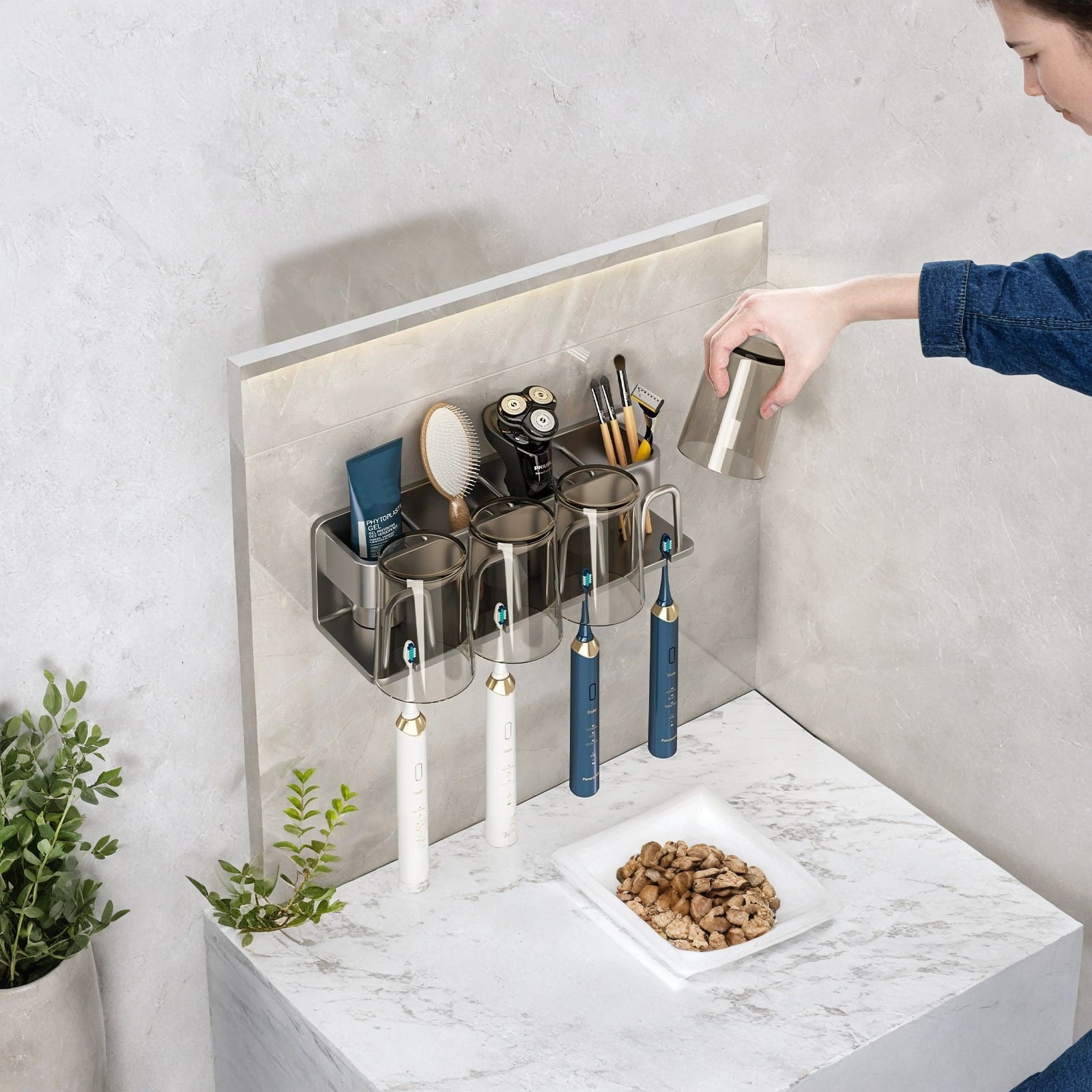 Wall Mounted Toothbrush Holder with 4 Cups No Drilling Bathroom Organizer Self Adhesive Toothpaste Storage Rack Family Set 1Pcs Gray