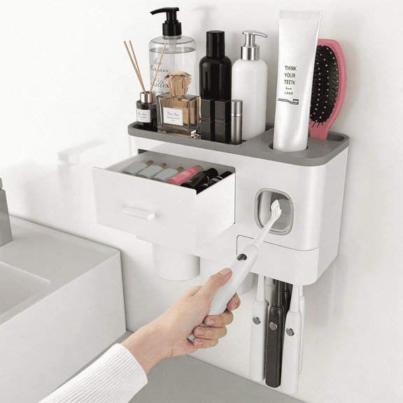 Toothbrush Holder Wall Mounted Toothpaste Dispenser 2 Cups 6 Slots Drawer for Bathroom Organization