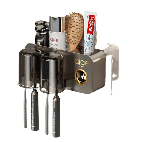 Wall-Mounted Toothbrush Holder with Toothpaste Dispenser and 2 Cups（black）