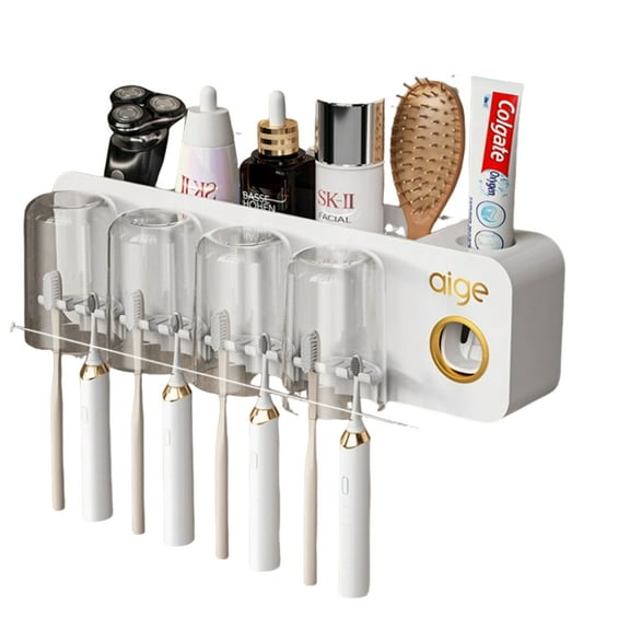 Wall-Mounted Toothbrush Holder with Toothpaste Dispenser and 4 Cups(white)