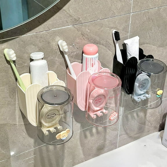 Wall Mounted Toothbrush Mouthwash Cup Organizer Shelf | Waterproof Durable Plastic Storage for Toothpaste & Accessories | No Drill Easy Install | Pink Yellow | 13x12x11cm | 1pc