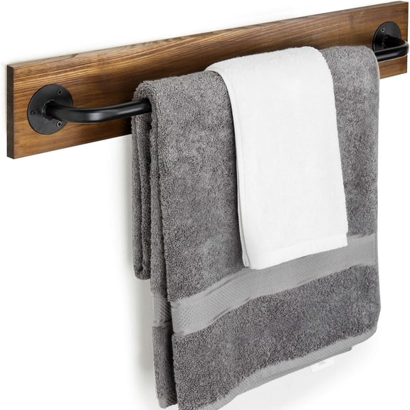 Wall Mounted Towel Rack, 28 Inch Bathroom Towel Bar with Metal Rod Rustic Burnt Wood Bathroom Sets, Farmhouse Towel Holder