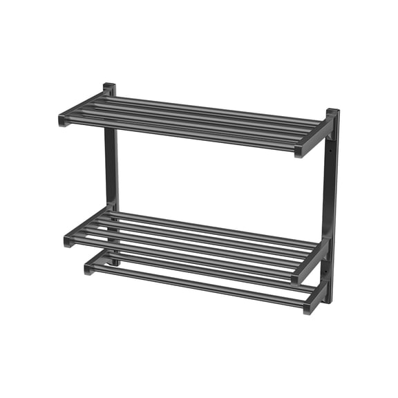 Wall Mounted Towel Rack, Metal Bathroom Shelf with Double Bar and Hooks No Drill Installation