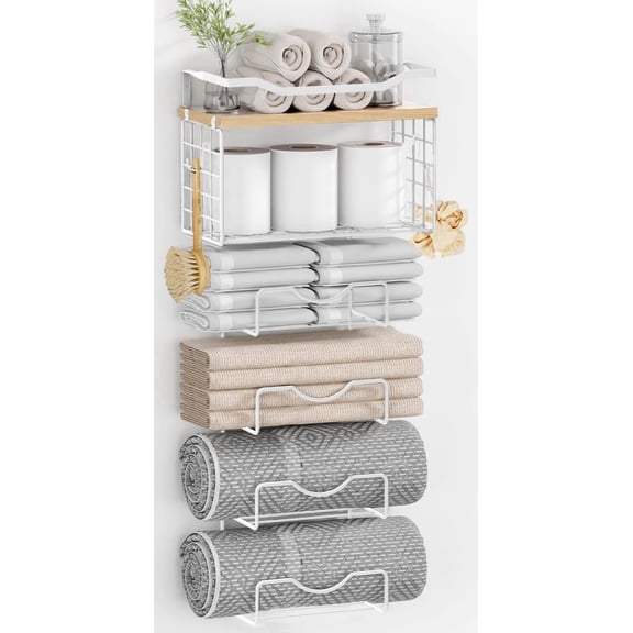 Wall Mounted Towel Rack Walnut Plack J-type White Rack 6 Tier Storage Holder