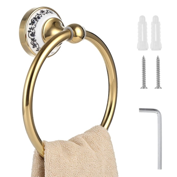 Wall Mounted Towel Ring, Golden Stainless Steel Towel Holder with Decorative Ceramic Base Detail, Vintage Bathroom Wall Rack for Hand Face Bath Towels