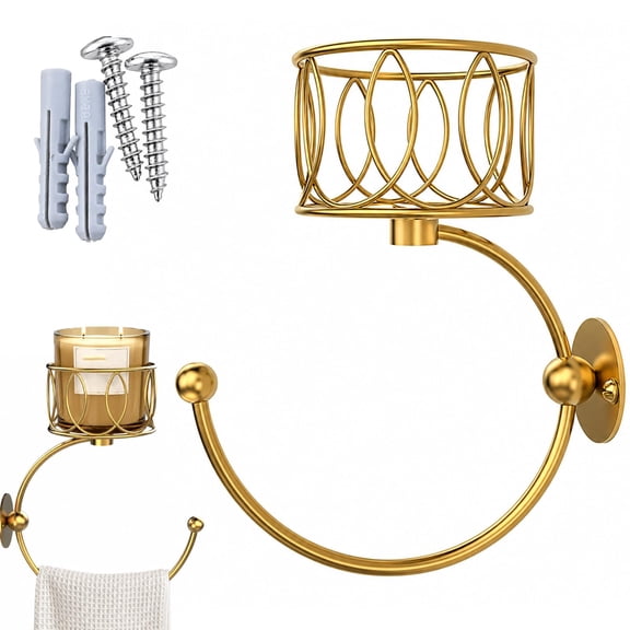 Wall-Mounted Towel Ring with Candle Holder, Rustic Gold Metal Bathroom Accessory, 2-Piece