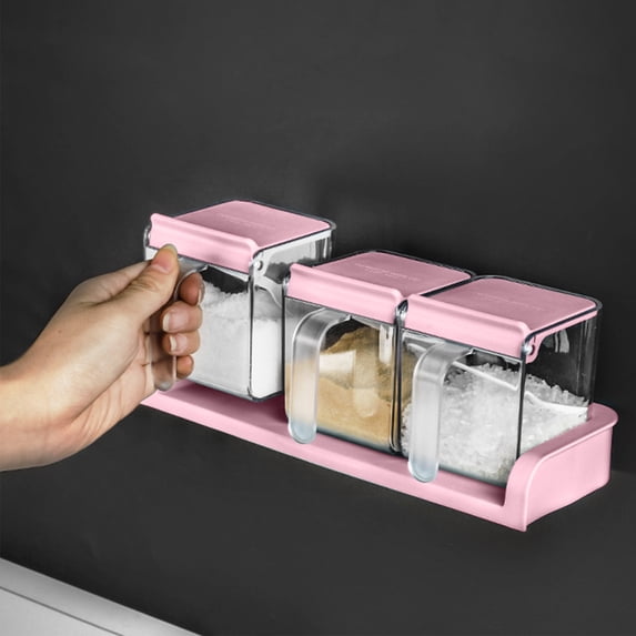 Wall Mounted Transparent Spice Jar Set | 3 Plastic Flip-Top Seasoning Boxes with Spoons, No-Drill Install, Airtight Lid, Pink Blue Gray | Kitchen Storage Organizer 24.7x9.4x8.1cm